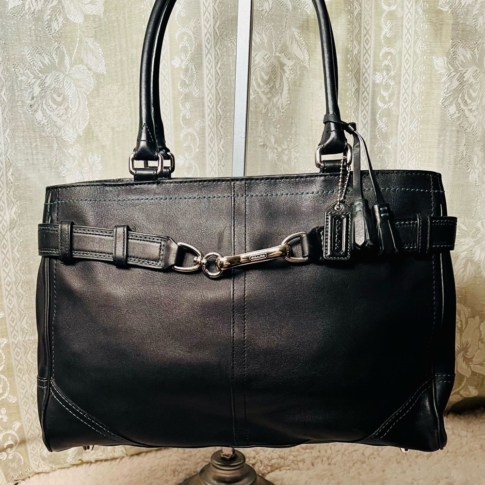 Coach Black Hampton Bag with Teal Stitching

Bag is: 14” x  12”